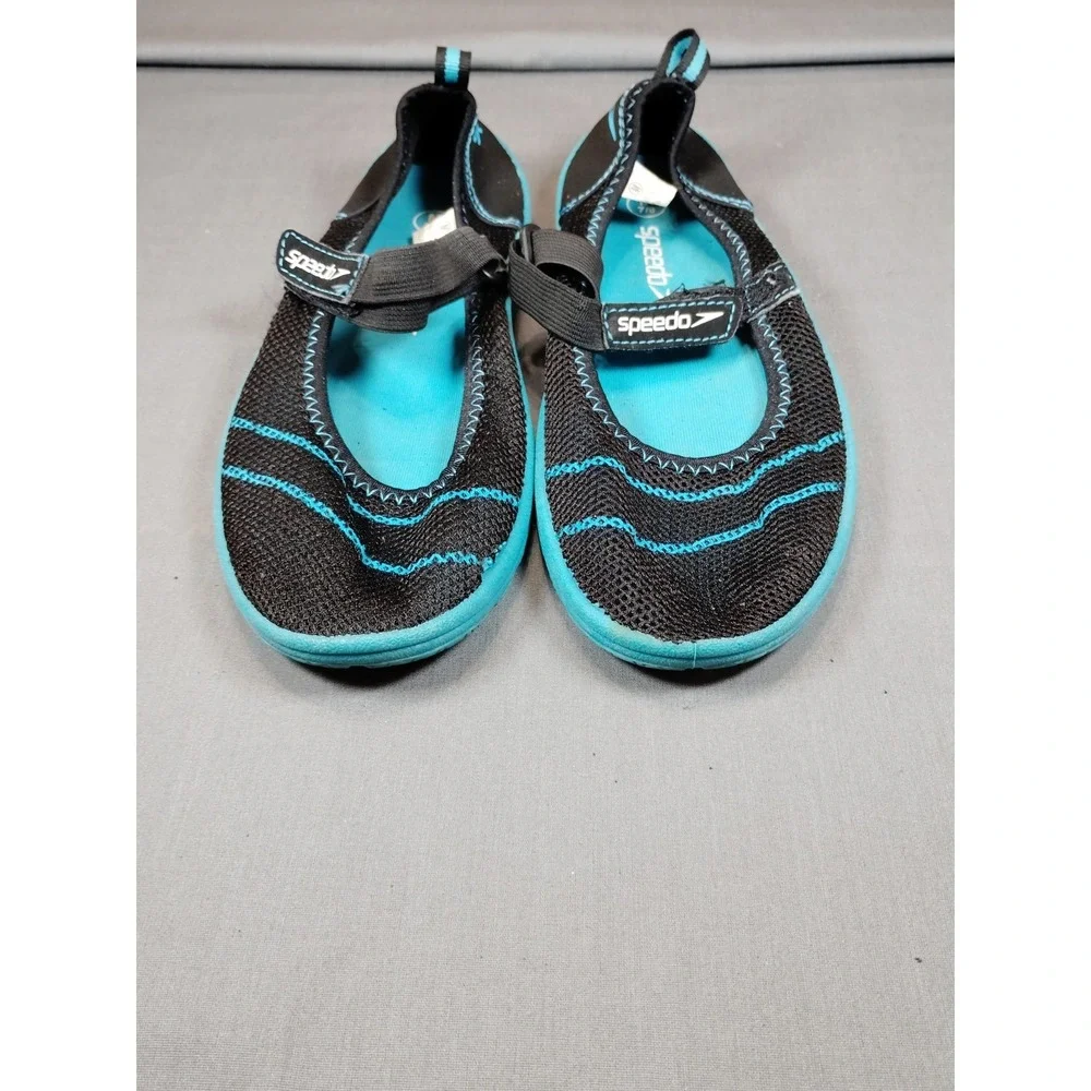 Speedo Water Shoes Black Teal Mesh Slip-On Adjustable Strap‎ Women 8 Anti Slip